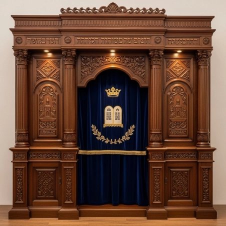 A realistic image of Mahogany Wood Aron Kodesh, Torah Ark hand carvings, image generated by Gemini-2.5-Flash.