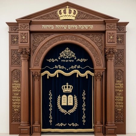 A realistic image of Mahogany Wood Aron Kodesh, Torah Ark hand carvings, image generated by Gemini-2.5-Flash.