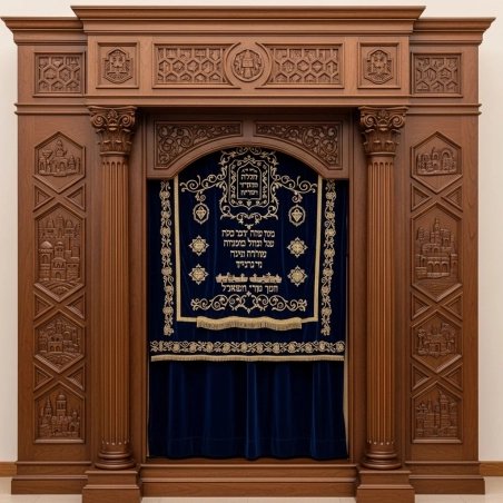 A realistic image of Mahogany Wood Aron Kodesh, Torah Ark hand carvings, image generated by Gemini-2.5-Flash.