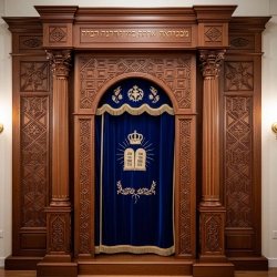 A realistic image of Mahogany Wood Aron Kodesh, Torah Ark hand carvings, image generated by Gemini-2.5-Flash.