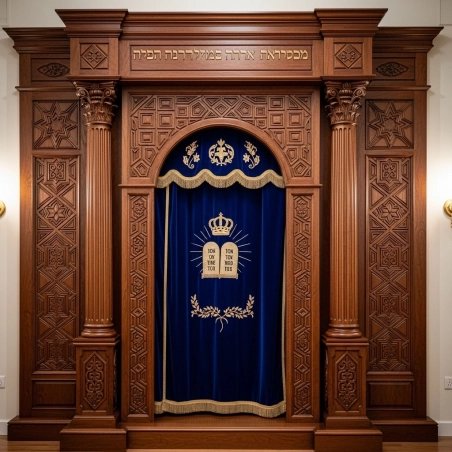 A realistic image of Mahogany Wood Aron Kodesh, Torah Ark hand carvings, image generated by Gemini-2.5-Flash.