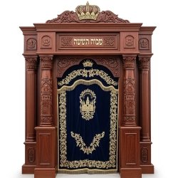 A realistic image of Mahogany Wood Aron Kodesh, Torah Ark hand carvings, image generated by Gemini-2.5-Flash.