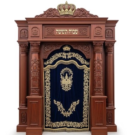 A realistic image of Mahogany Wood Aron Kodesh, Torah Ark hand carvings, image generated by Gemini-2.5-Flash.