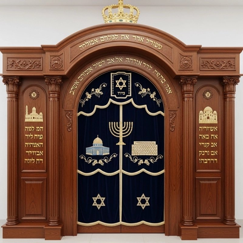 A realistic image of Mahogany Wood Aron Kodesh, Torah Ark hand carvings, image generated by Gemini-2.5-Flash.