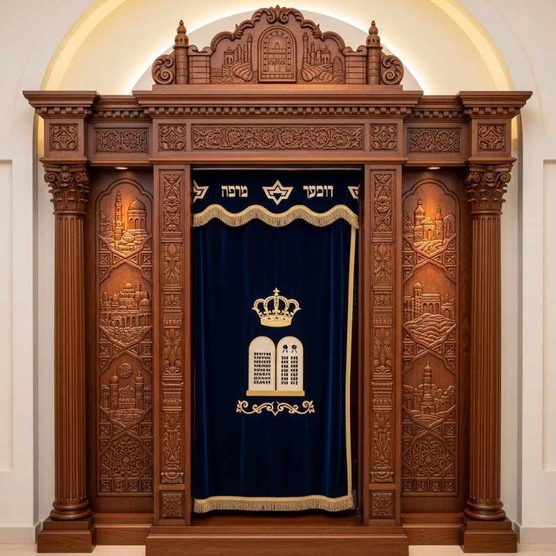 A realistic image of Mahogany Wood Aron Kodesh, Torah Ark hand carvings, image generated by Gemini-2.5-Flash.