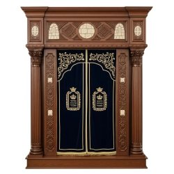 A realistic image of Mahogany Wood Aron Kodesh, Torah Ark hand carvings, image generated by Gemini-2.5-Flash.