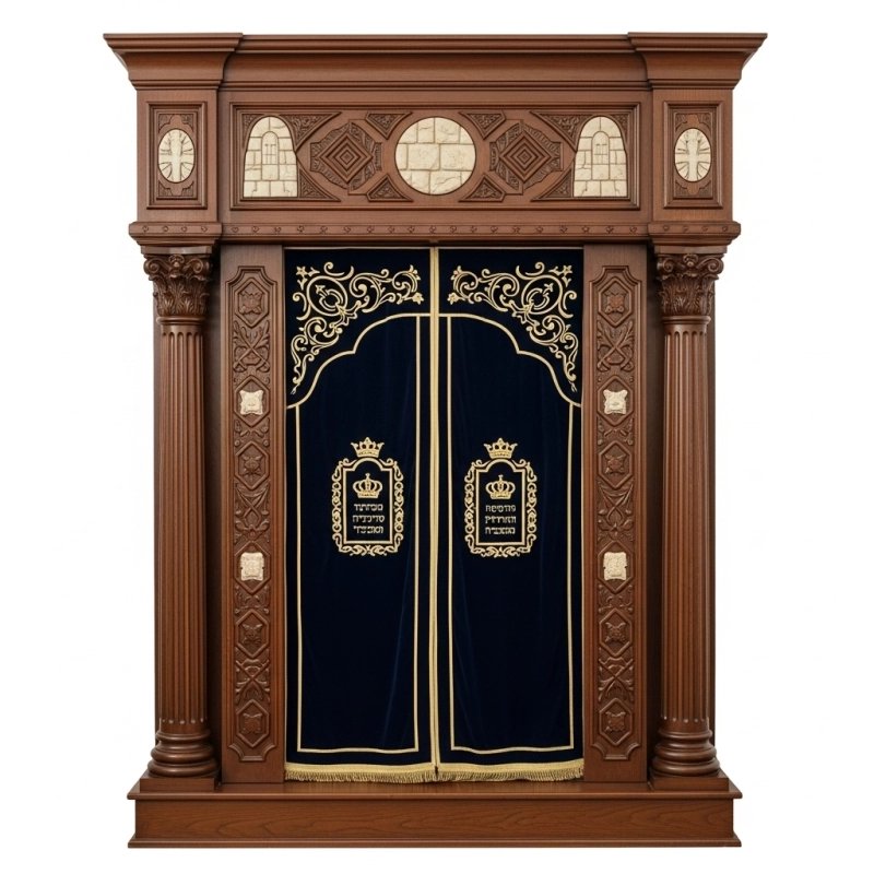 A realistic image of Mahogany Wood Aron Kodesh, Torah Ark hand carvings, image generated by Gemini-2.5-Flash.