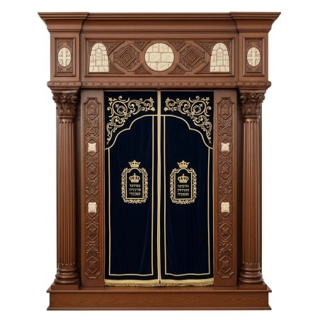 A realistic image of Mahogany Wood Aron Kodesh, Torah Ark hand carvings, image generated by Gemini-2.5-Flash.