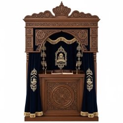 A realistic image of Mahogany Wood Aron Kodesh, Torah Ark hand carvings, image generated by Gemini-2.5-Flash.