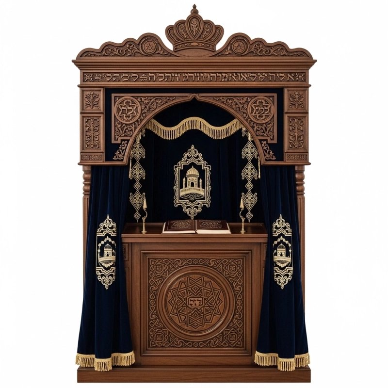 A realistic image of Mahogany Wood Aron Kodesh, Torah Ark hand carvings, image generated by Gemini-2.5-Flash.