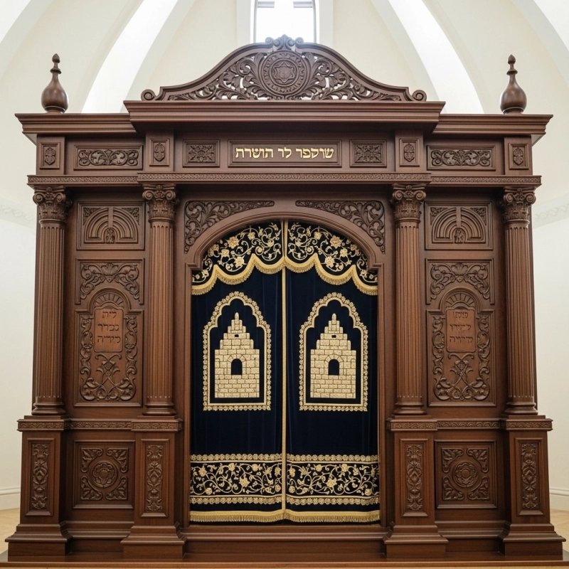 A realistic image of Mahogany Wood Aron Kodesh, Torah Ark hand carvings, image generated by Gemini-2.5-Flash.