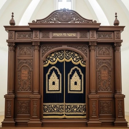 A realistic image of Mahogany Wood Aron Kodesh, Torah Ark hand carvings, image generated by Gemini-2.5-Flash.