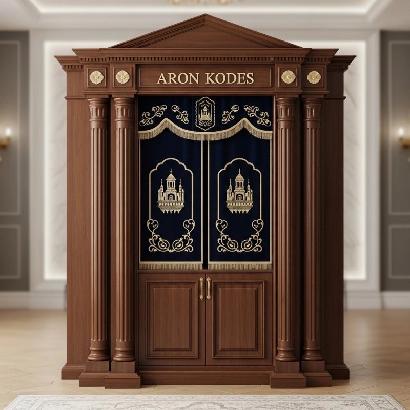 A realistic image of Mahogany Wood Aron Kodesh, Torah Ark hand carvings, image generated by Gemini-2.5-Flash.