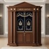 A realistic image of Mahogany Wood Aron Kodesh, Torah Ark hand carvings, image generated by Gemini-2.5-Flash.