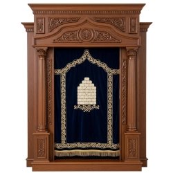 A realistic image of Mahogany Wood Aron Kodesh, Torah Ark hand carvings, image generated by Gemini-2.5-Flash.