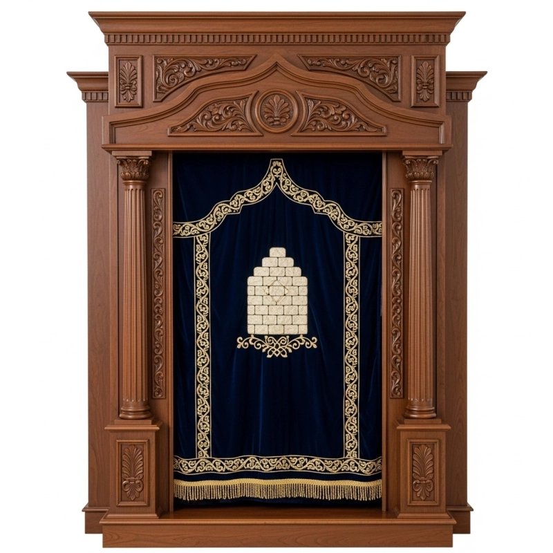 A realistic image of Mahogany Wood Aron Kodesh, Torah Ark hand carvings, image generated by Gemini-2.5-Flash.