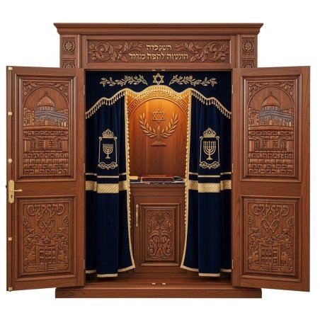 A realistic image of Mahogany Wood Aron Kodesh, Torah Ark hand carvings, image generated by Gemini-2.5-Flash.