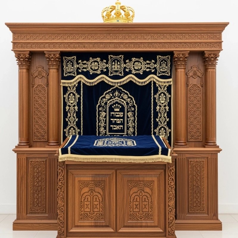 A realistic image of Mahogany Wood Aron Kodesh, Torah Ark hand carvings, image generated by Gemini-2.5-Flash.