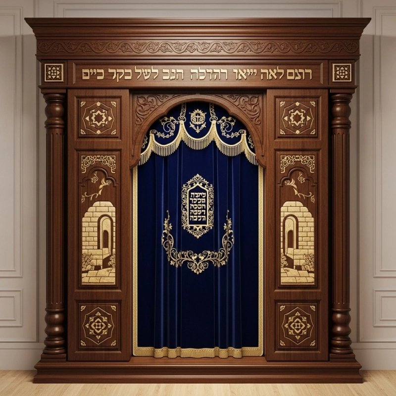 A realistic image of Mahogany Wood Aron Kodesh, Torah Ark hand carvings, image generated by Gemini-2.5-Flash.