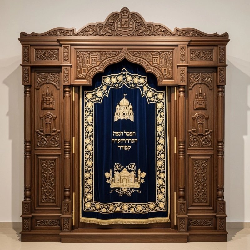 A realistic image of Mahogany Wood Aron Kodesh, Torah Ark hand carvings, image generated by Gemini-2.5-Flash.
