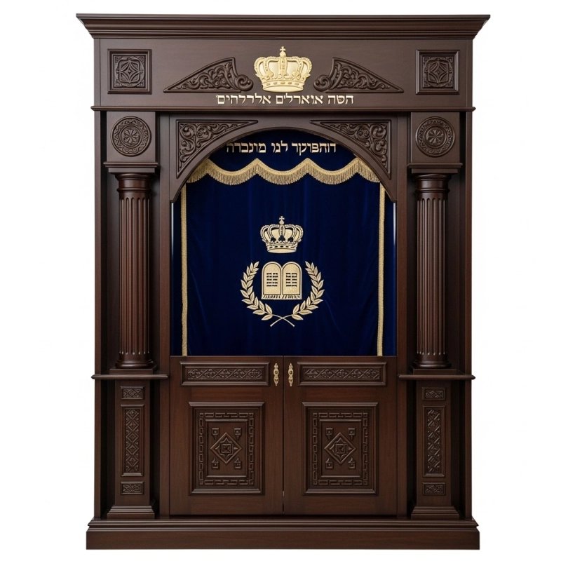 A realistic image of Mahogany Wood Aron Kodesh, Torah Ark hand carvings, image generated by Gemini-2.5-Flash.