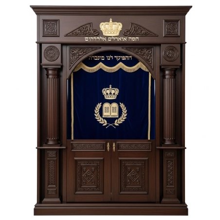 A realistic image of Mahogany Wood Aron Kodesh, Torah Ark hand carvings, image generated by Gemini-2.5-Flash.