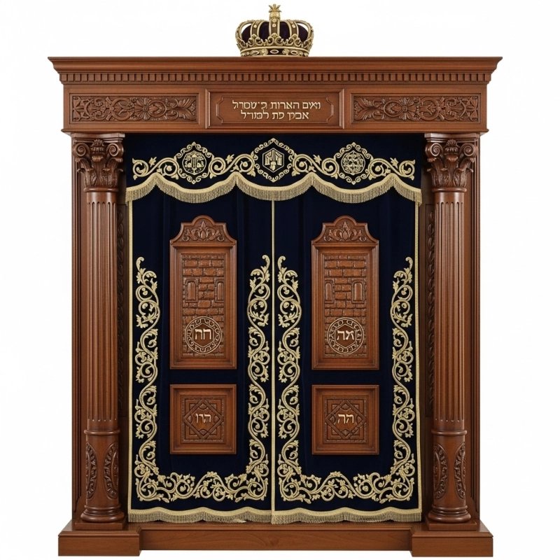 A realistic image of Mahogany Wood Aron Kodesh, Torah Ark hand carvings, image generated by Gemini-2.5-Flash.