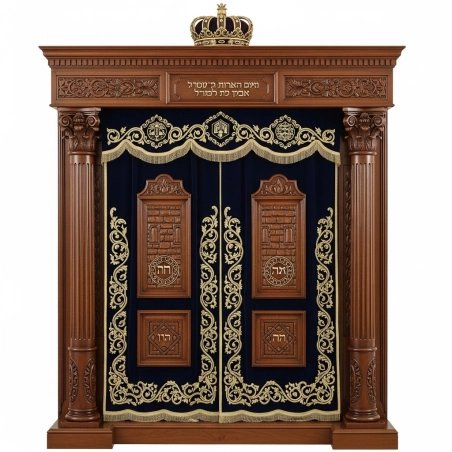 A realistic image of Mahogany Wood Aron Kodesh, Torah Ark hand carvings, image generated by Gemini-2.5-Flash.