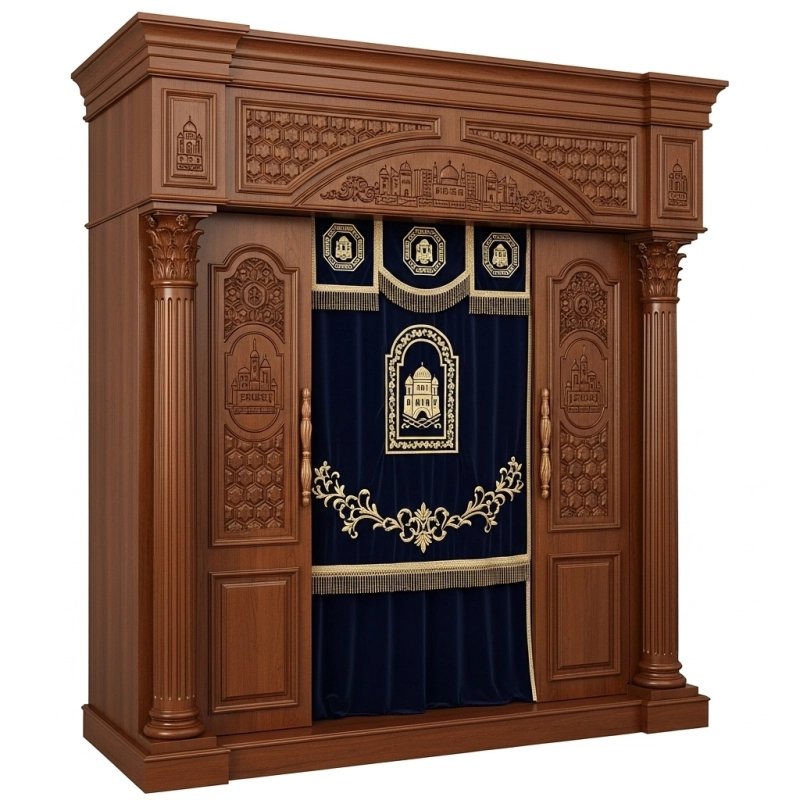 A realistic image of Mahogany Wood Aron Kodesh, Torah Ark hand carvings, image generated by Gemini-2.5-Flash.