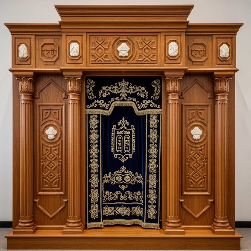 A realistic image of Mahogany Wood Aron Kodesh, Torah Ark hand carvings, image generated by Gemini-2.5-Flash.