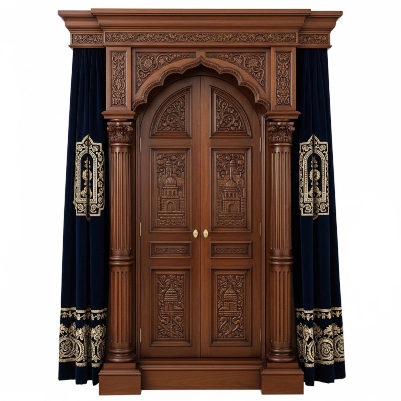 A realistic image of Mahogany Wood Aron Kodesh, Torah Ark hand carvings, image generated by Gemini-2.5-Flash.