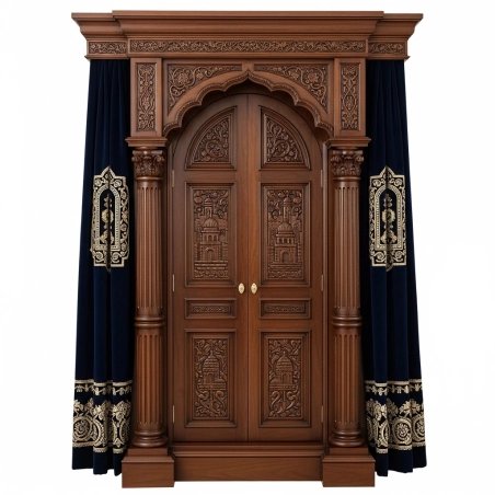A realistic image of Mahogany Wood Aron Kodesh, Torah Ark hand carvings, image generated by Gemini-2.5-Flash.