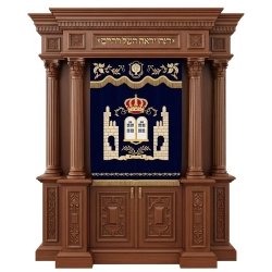 A realistic image of Mahogany Wood Aron Kodesh, Torah Ark hand carvings, image generated by Gemini-2.5-Flash.