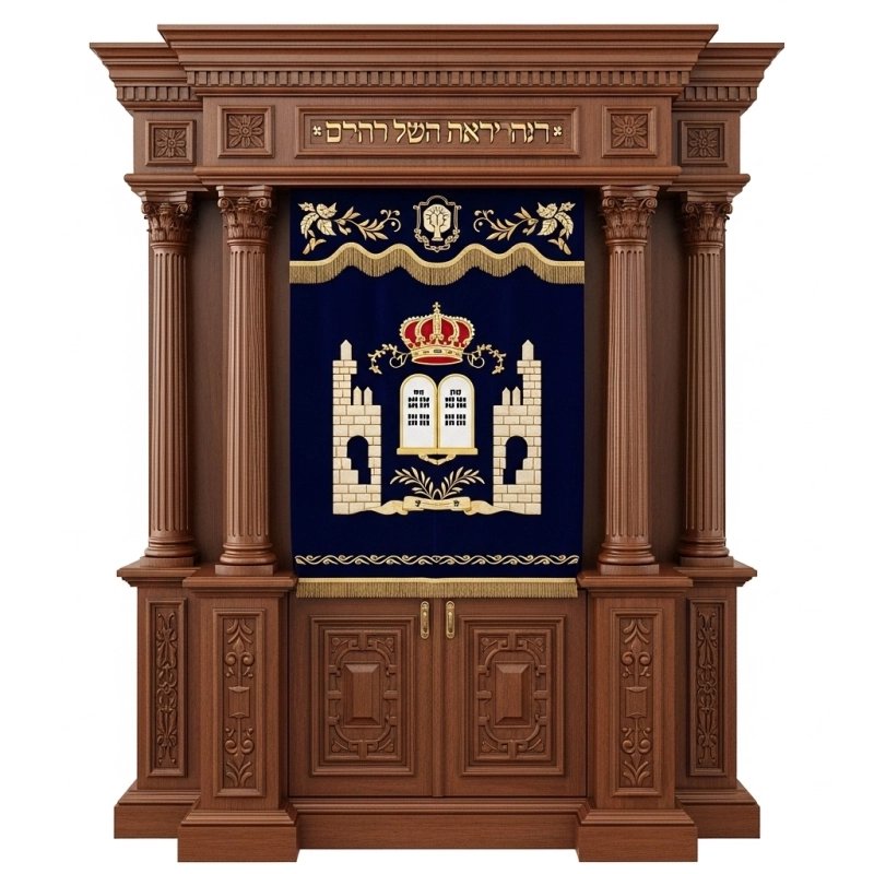 A realistic image of Mahogany Wood Aron Kodesh, Torah Ark hand carvings, image generated by Gemini-2.5-Flash.
