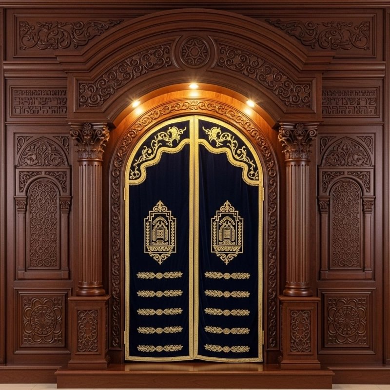 A realistic image of Mahogany Wood Aron Kodesh, Torah Ark hand carvings, image generated by Gemini-2.5-Flash.