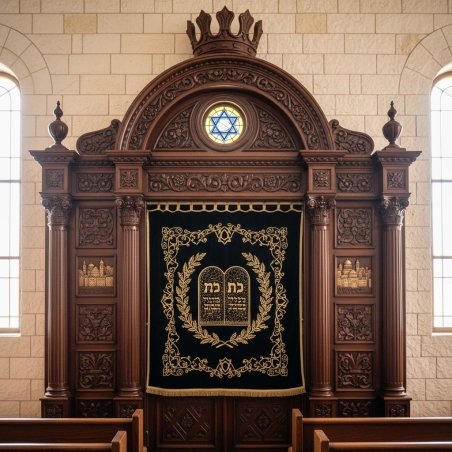 A realistic image of a handcrafted mahogany Aron Kodesh designed by Mulyoharjo Furniture, image generated by Gemini-2.5-Flash.