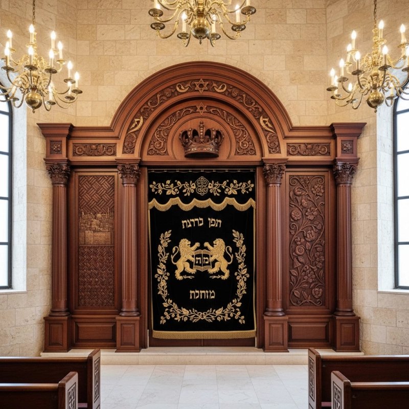 Elegant Handcrafted Mahogany Wood Aron Kodesh by Mulyoharjo for Reverent Sanctuaries