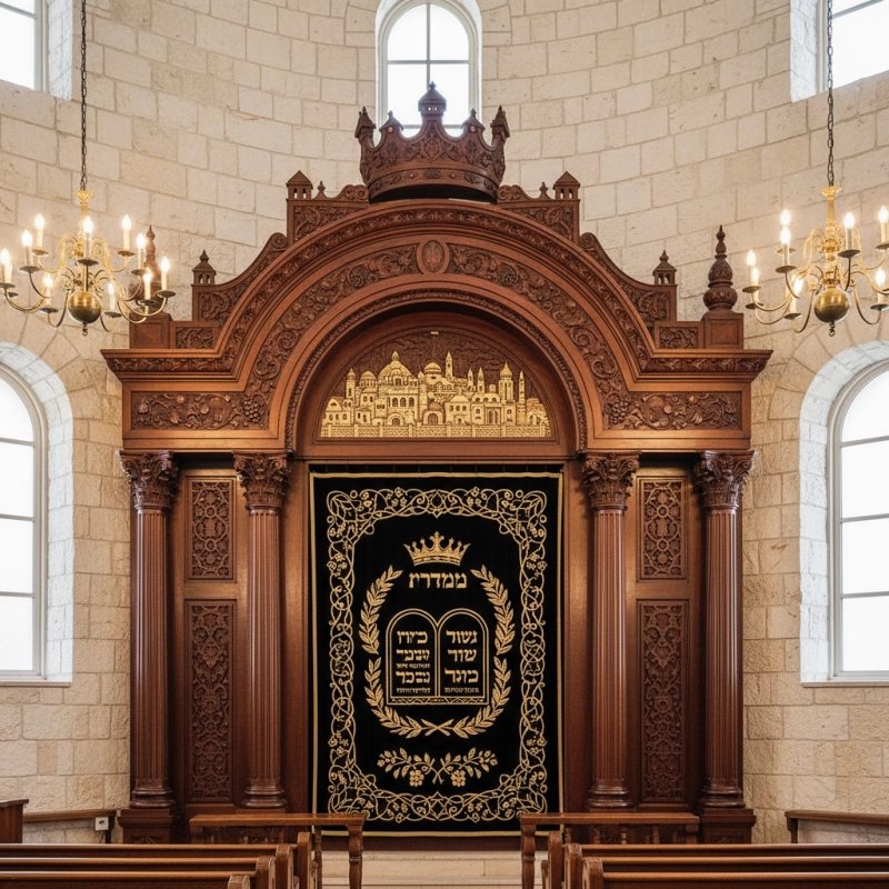 Regal Hand-Carved Mahogany Aron Kodesh by Mulyoharjo Furniture Artisans