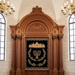 A beautifully carved mahogany Aron Kodesh designed by Mulyoharjo Furniture Indonesia, image generated by Gemini-2.5-Flash.