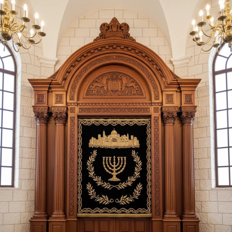 A beautifully carved mahogany Aron Kodesh designed by Mulyoharjo Furniture Indonesia, image generated by Gemini-2.5-Flash.