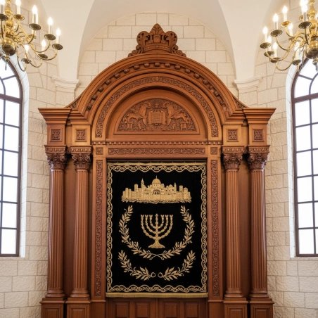 A beautifully carved mahogany Aron Kodesh designed by Mulyoharjo Furniture Indonesia, image generated by Gemini-2.5-Flash.