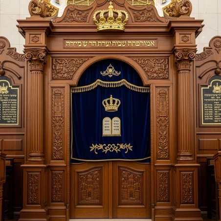 A realistic image of Mahogany Wood Aron Kodesh, Torah Ark hand carvings, image generated by Gemini-2.5-Flash.