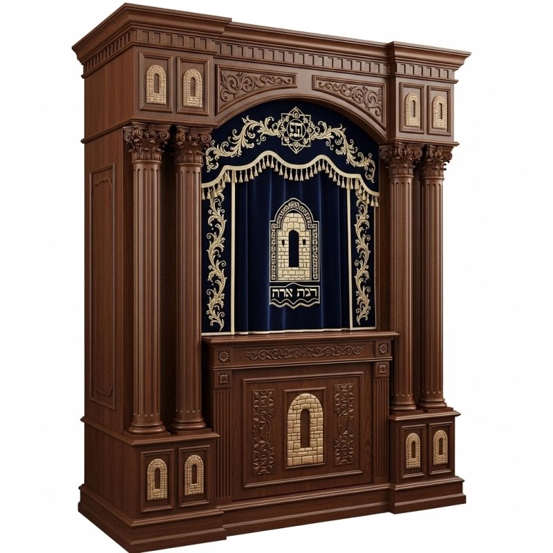A realistic image of Mahogany Wood Aron Kodesh, Torah Ark hand carvings, image generated by Gemini-2.5-Flash.