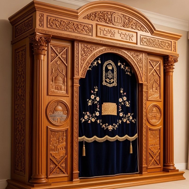 A realistic image of Mahogany Wood Aron Kodesh, Torah Ark hand carvings, image generated by Gemini-2.5-Flash.