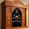 A realistic image of Mahogany Wood Aron Kodesh, Torah Ark hand carvings, image generated by Gemini-2.5-Flash.