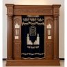 A realistic image of Mahogany Wood Aron Kodesh, Torah Ark hand carvings, image generated by Gemini-2.5-Flash.