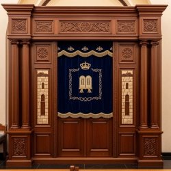 A realistic image of Mahogany Wood Aron Kodesh, Torah Ark hand carvings, image generated by Gemini-2.5-Flash.