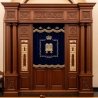 A realistic image of Mahogany Wood Aron Kodesh, Torah Ark hand carvings, image generated by Gemini-2.5-Flash.