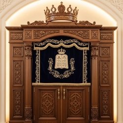 A realistic image of Mahogany Wood Aron Kodesh, Torah Ark hand carvings, image generated by Gemini-2.5-Flash.