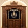 A realistic image of Mahogany Wood Aron Kodesh, Torah Ark hand carvings, image generated by Gemini-2.5-Flash.